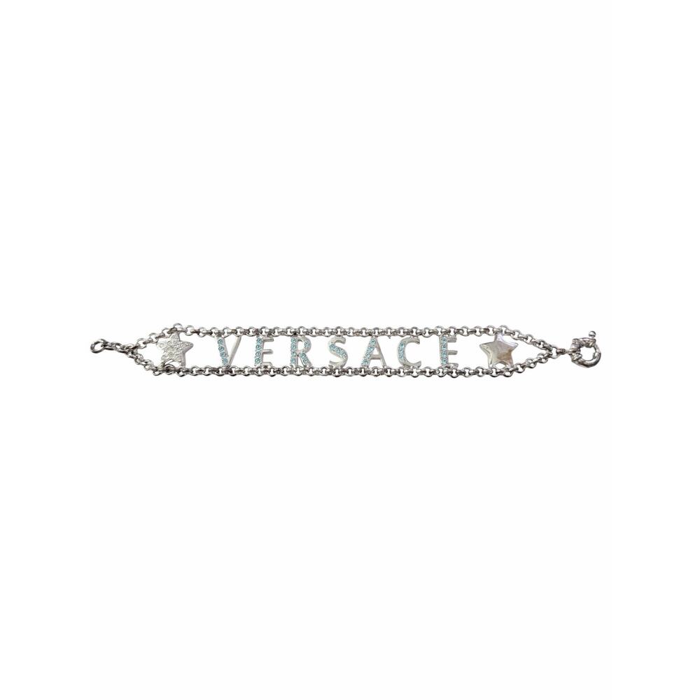 Vintage Gianni Versace Silver Metal Chain Spellout Logo Crystal Bracelet